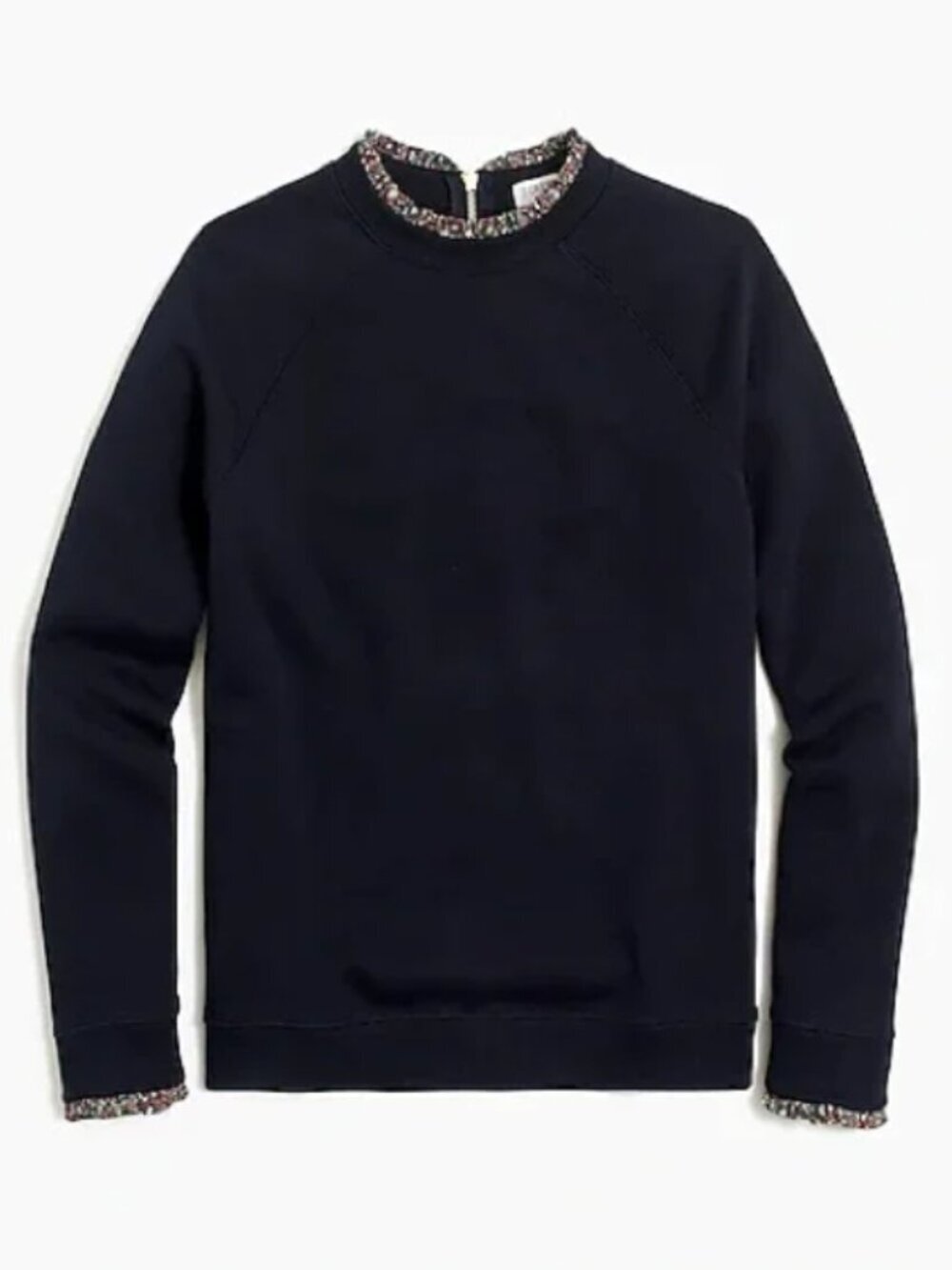 J. Crew Woven Ruffleneck Pullover Sweatshirt Black with Leopard Trim Size Small